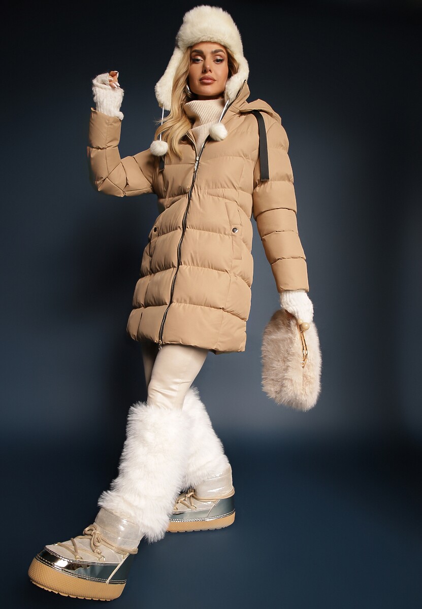 Ciemnobeżowa Kurtka Pikowana o Długim Kroju z Kapturem i Suwakiem Dwukierunkowym Naomira