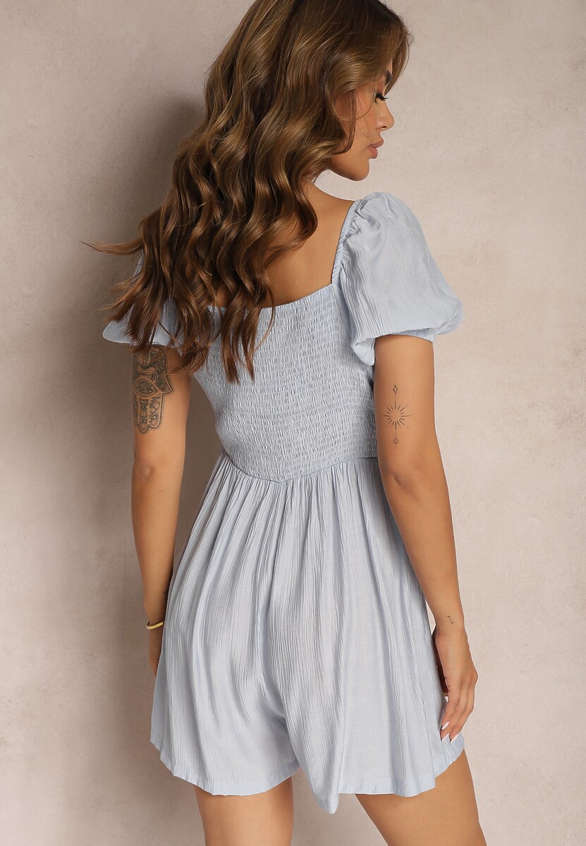 Niebieski Wiskozowy Letni Kombinezon z Krótkim Rękawem i Kwadratowym Dekoltem Geviana