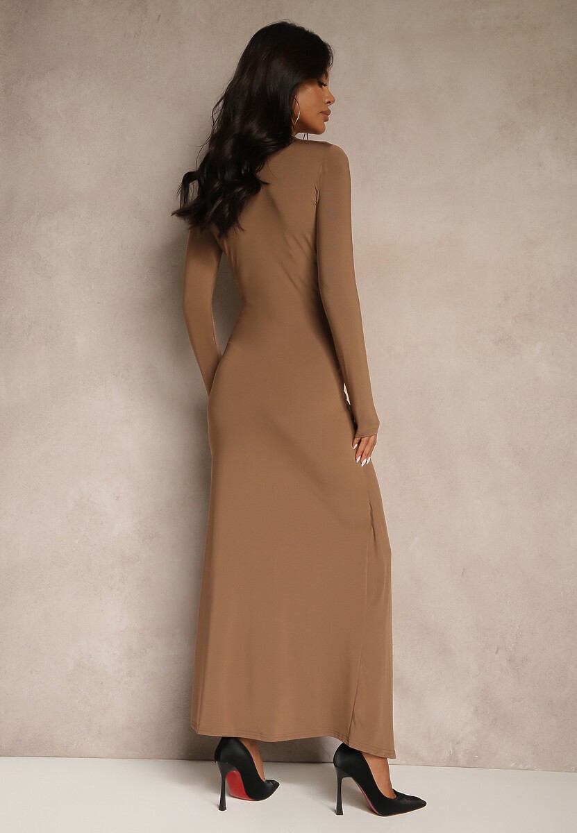 Brązowa Taliowana Sukienka z Dodatkiem Wiskozy Ozdobiona Marszczeniami Heriova