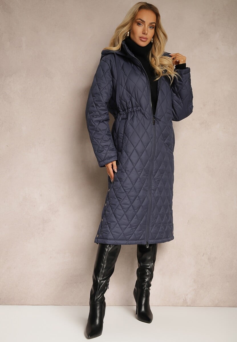 Granatowa Kurtka z Pikowanymi Przeszyciami w Kratkę oraz Wewnętrznymi Ściągaczami w Pasie Tiliona