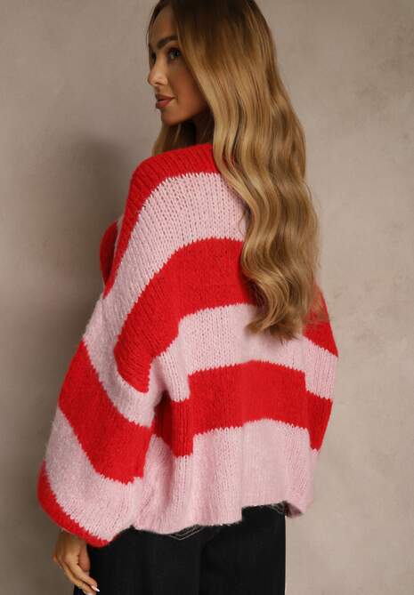 Czerwony Oversizowy Kardigan w Paski z Wiązaniem z Domieszką Wełny i Wiskozy Retile