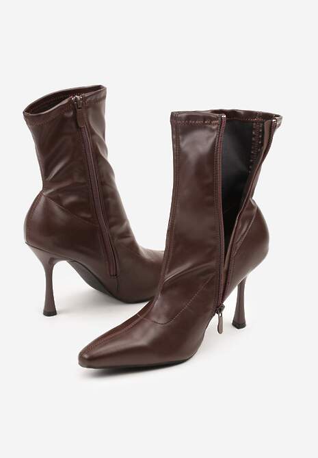 Brązowe Botki Vices na Szpilce z Dopasowaną Cholewką Adonella