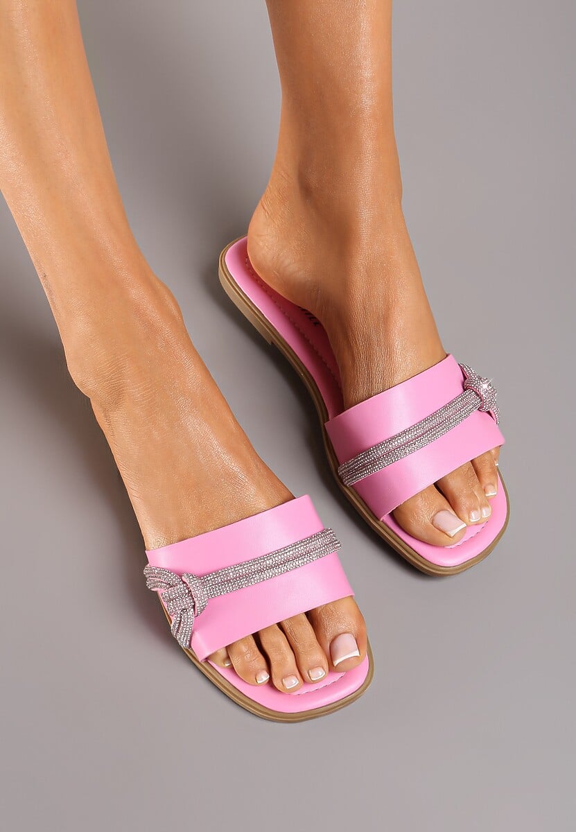 Różowe Klapki na Płaskiej Podeszwie z Imitacji Skóry z Ozdobnymi Cyrkoniami Hanita
