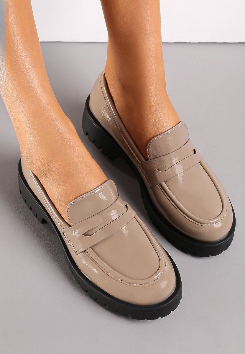 Ciemnobeżowe Lakierowane Mokasyny na Grubej Podeszwie z Wkładką ze Skóry Naturalnej Savu