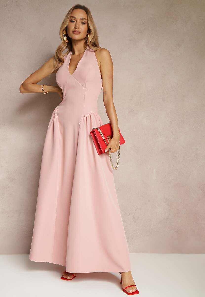 Różowa Rozkloszowana Sukienka Halter z Wiązaniem i Odkrytymi Plecami Senicce