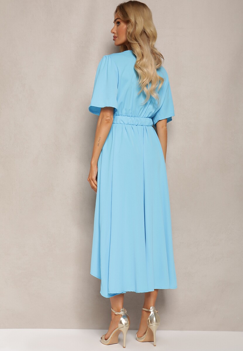 Niebieska Sukienka o Kopertowym Kroju z Marszczoną Gumką i Paskiem w Talii Dariane