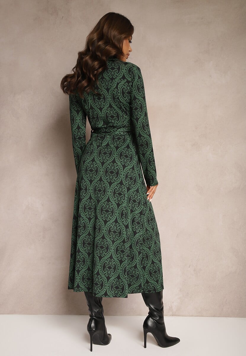 Zielona Wzorzysta Sukienka z Wiskozą o Koszulowym Kroju Ozdobiona Wiązanym Paskiem Evelitha