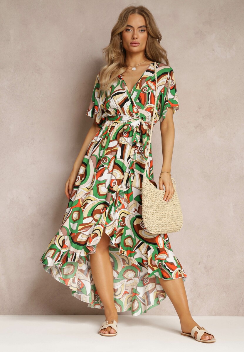 Zielona Wzorzysta Sukienka Midi z Gumką w Talii z Wiskozy Angelett