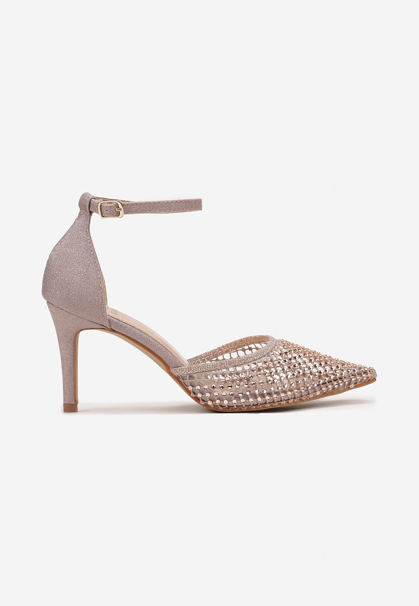 Szampańskie Sandały na Szpilce ze Szpiczastym Noskiem z Siateczką w Cyrkonie Lioffa