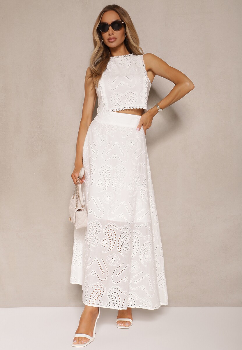 Biały Ażurowy Komplet z Haftowanej Tkaniny Top i Spódnica Salamira