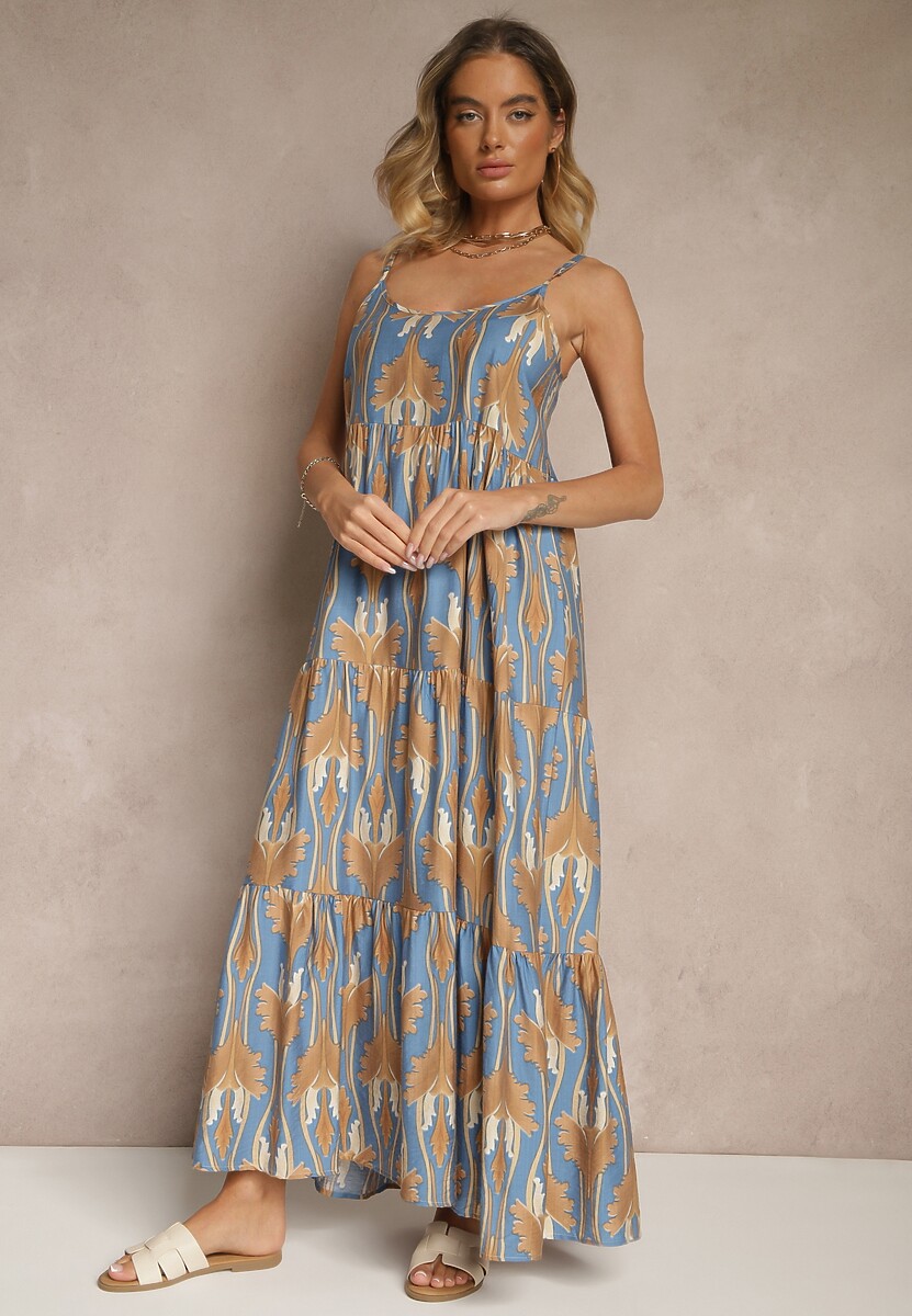Niebiesko-Beżowa Sukienka w Stylu Boho z Cienkimi Regulowanymi Ramiączkami Tosena