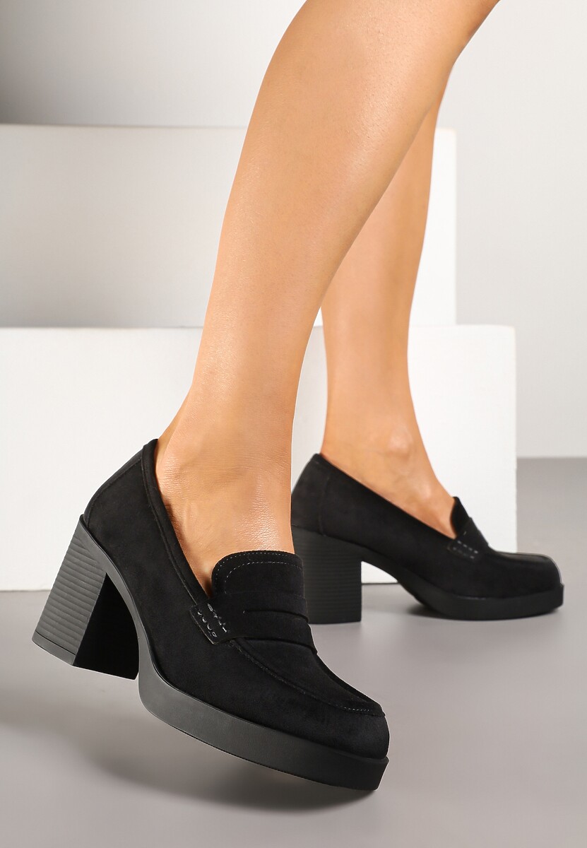 Czarne Półbuty w Stylu Loafersów na Słupkowym Obcasie Separra