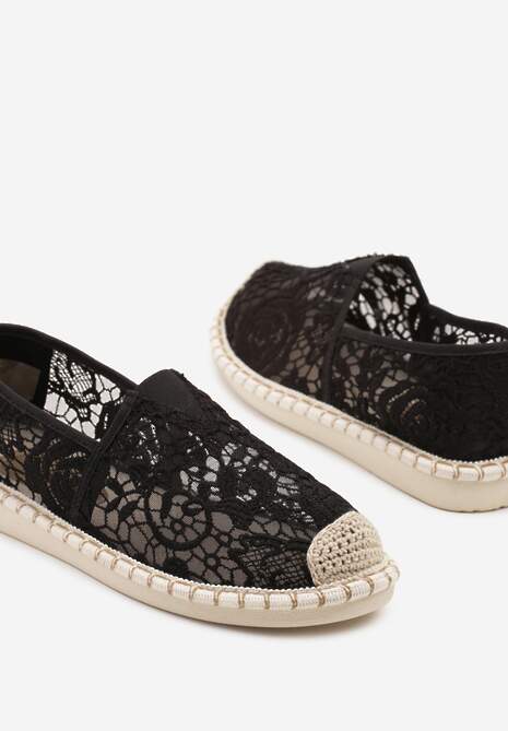 Czarne Espadryle z Plecionką i Koronką Merarilia