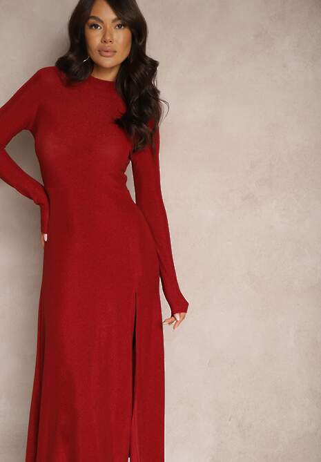 Bordowa Elegancka Sukienka z Wiskozą i Brokatem Werista