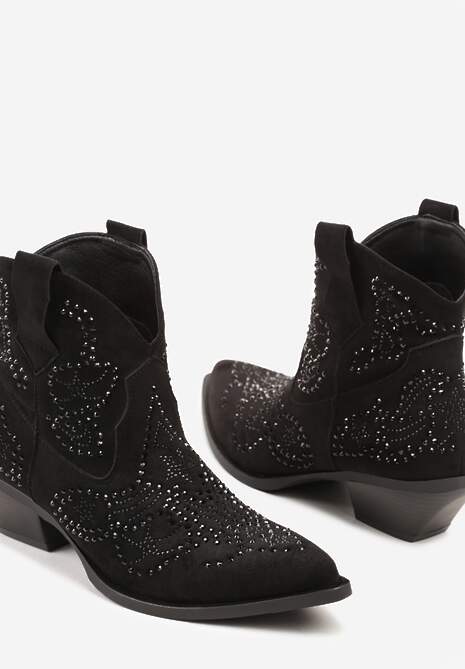 Czarne Krótkie Botki Typu Kowboki z Cyrkoniowym Zdobieniem Lalare