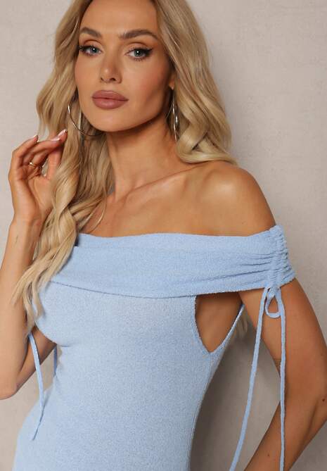 Niebieska Dopasowana Sukienka Hiszpanka Midi z Rozcięciem Taratia