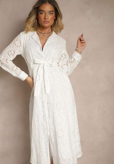 Biała Ażurowa Sukienka Koszulowa Ozdobiona Paskiem Tananilia