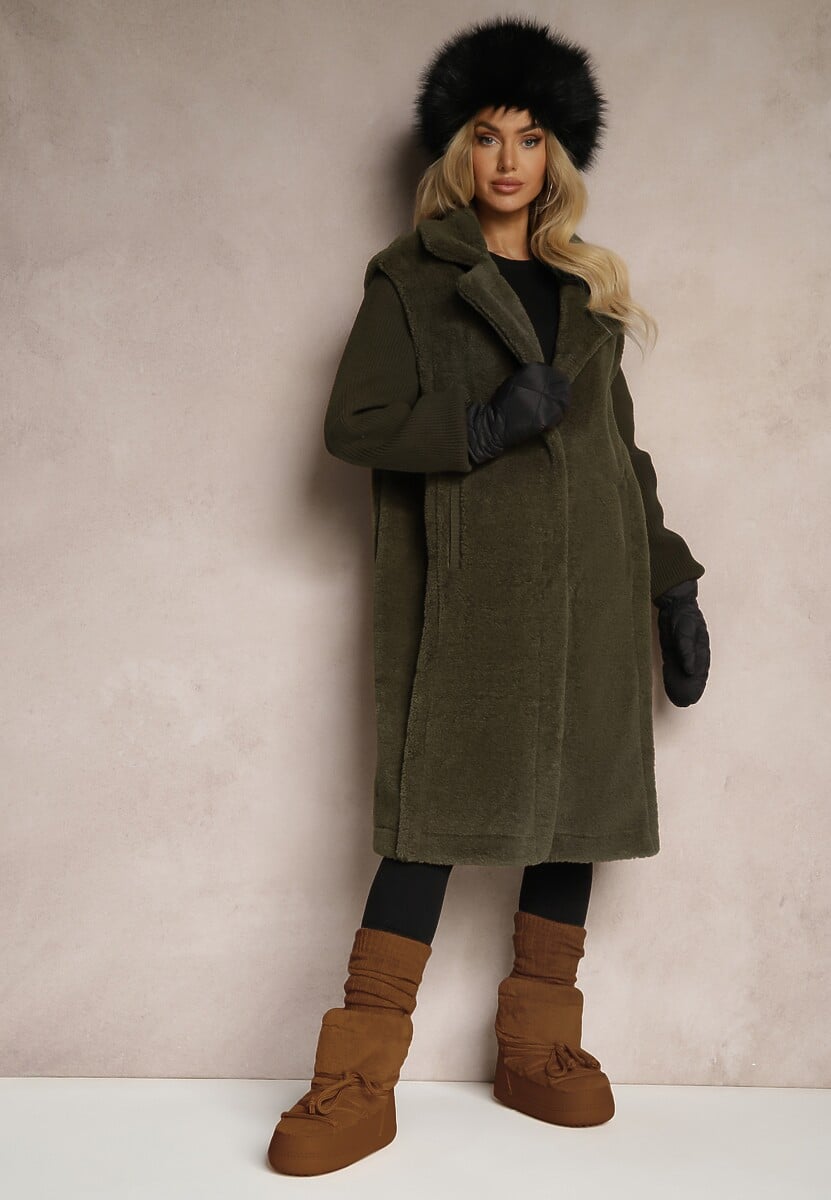 Zielony Płaszcz Futerko z Rękawami z Dzianiny Ravileth