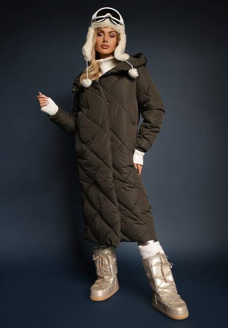 Ciemnozielona Pikowana Kurtka Płaszcz za Kolano z Kapturem Kinassan