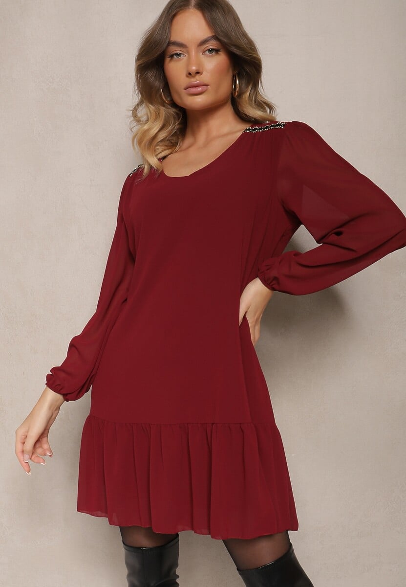 Bordowa Sukienka z Wiskozą z Bufiastymi Rękawami i Falbanką u Dołu z Siateczki Ilita