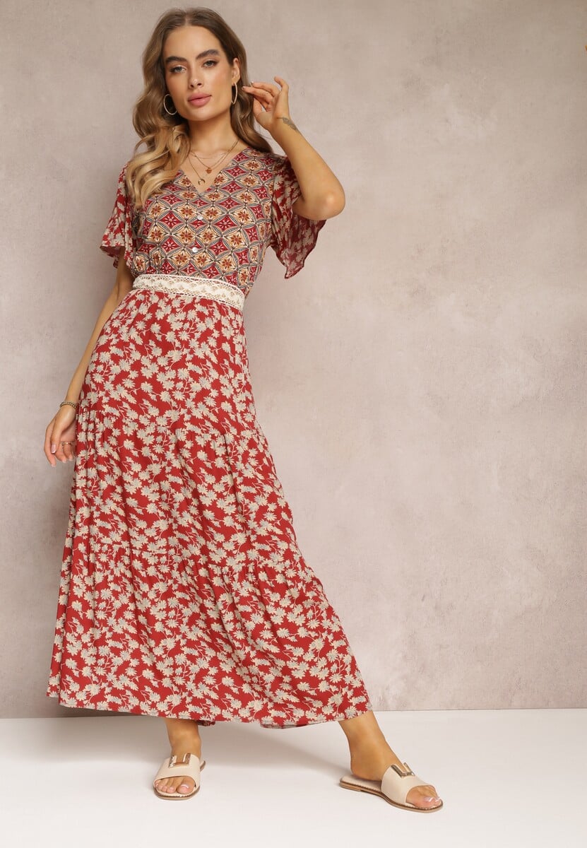 Jasnobeżowa Sukienka Rozkloszowana Maxi z Wiskozy Ophitria