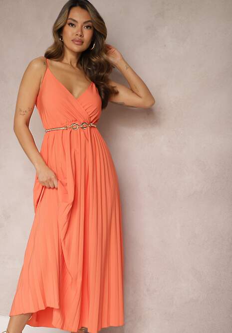 Pomarańczowa Długa Sukienka Kopertowa o Rozkloszowanym Kroju na Ramiączkach Kaemera