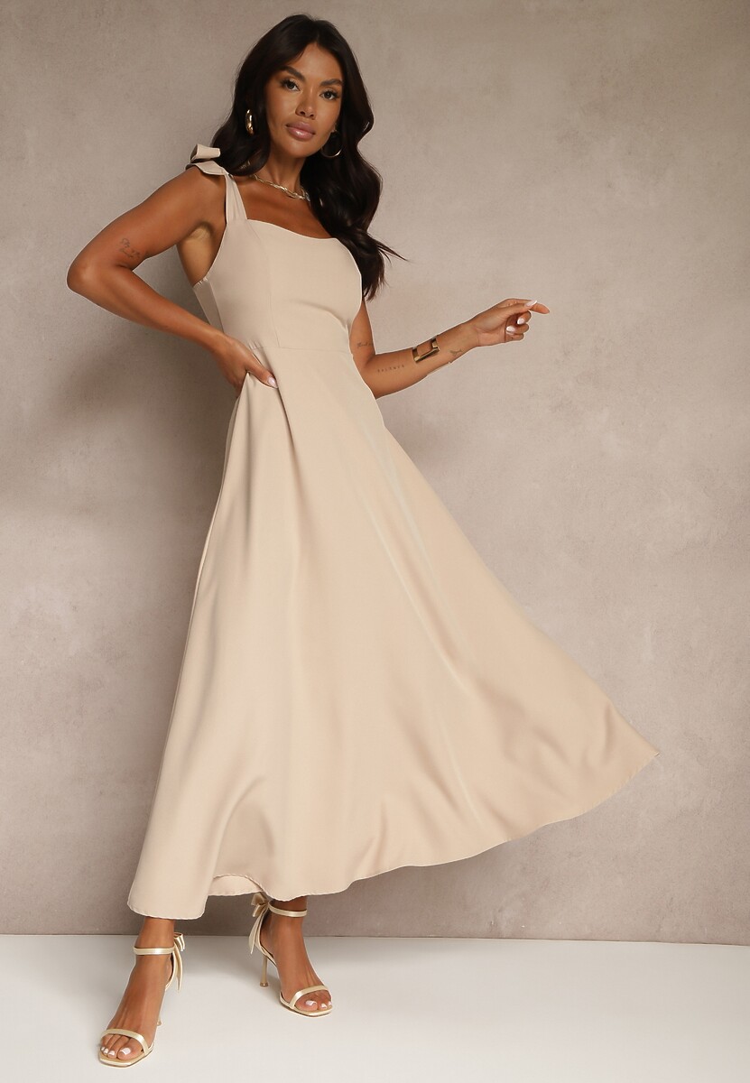 Beżowa Sukienka z Wiskozą o Rozkloszowanym Kroju z Wiązaniem Nilafeia