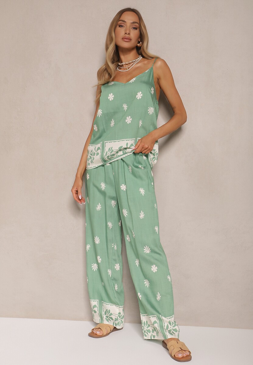 Miętowy Kwiatowy Komplet z Wiskozy Spodnie i Koszulka na Ramiączkach Beldisa