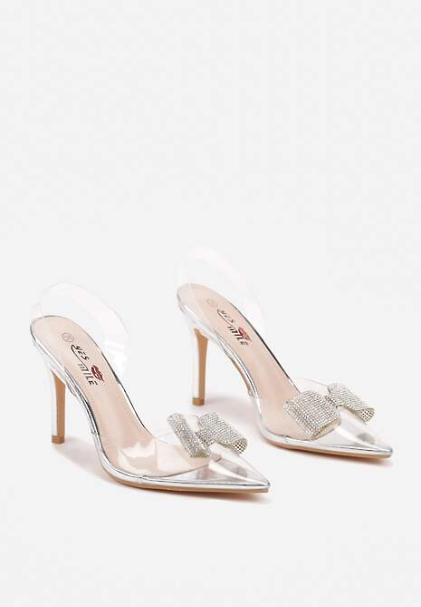 Srebrne Szpilki Transparentne z Odkrytą Piętą i Cyrkoniową Kokardą Leniliana