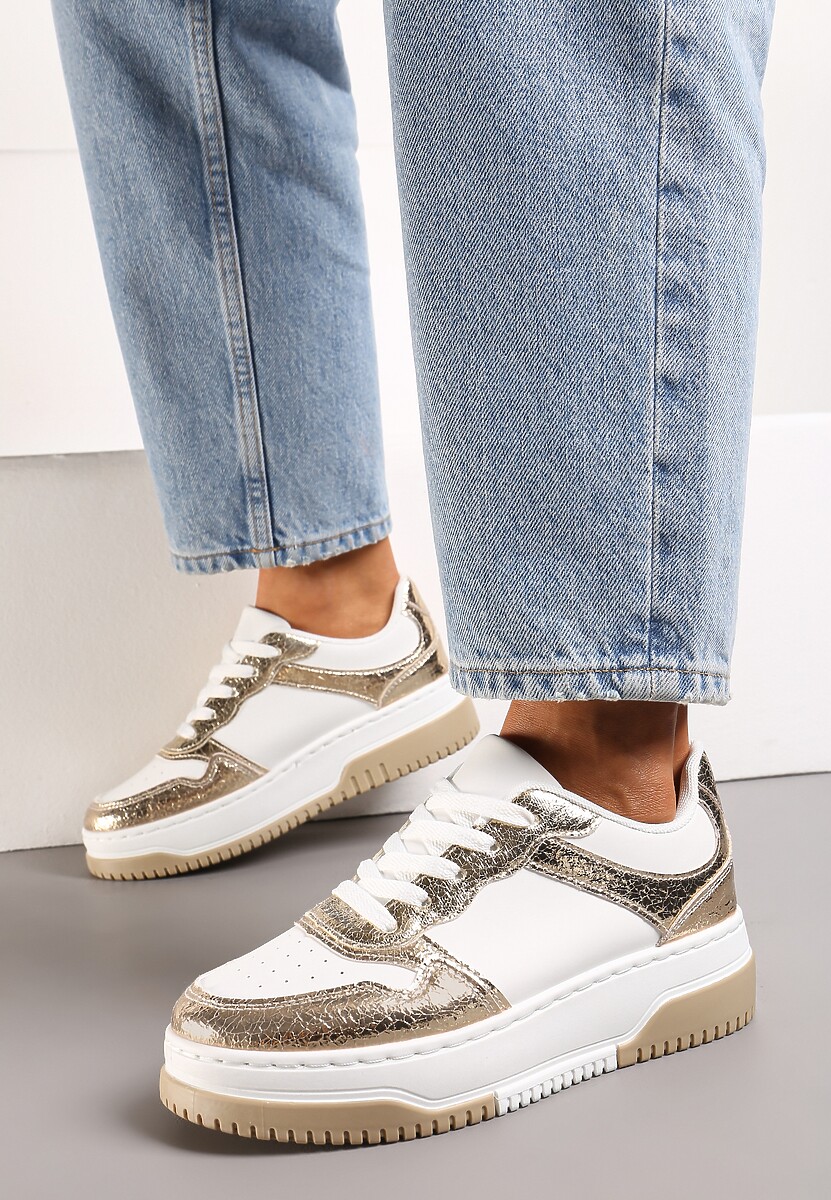 Złoto-Białe Sneakersy na Niskiej Platformie z Ozdobnymi Przeszyciami Huviena