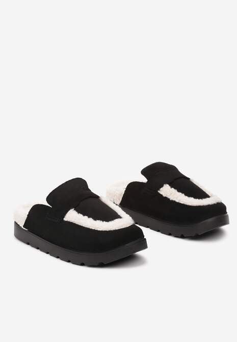 Czarne Kapcie na Płaskiej Podeszwie z Futerkiem i Paskiem Niaviera