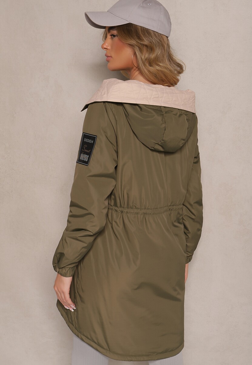 Ciemnozielona Kurtka o Kroju Parki z Kapturem i Ściągaczem w Talii Zizana