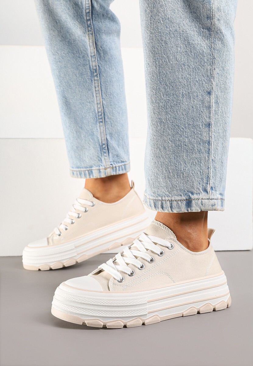 Beżowe Trampki na Platformie z Paskami i Niską Cholewką Zienelle