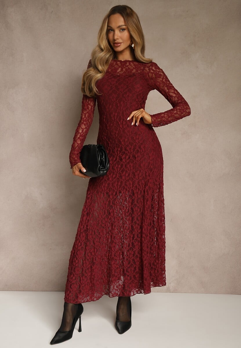 Bordowa Elegancka Sukienka z Koronki z Odkrytymi Plecami Lilafera
