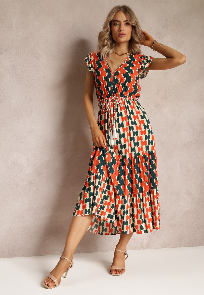 Pomarańczowa Wiskozowa Sukienka Maxi z Gumką w Talii i Falbankami przy Ramionach Baldise