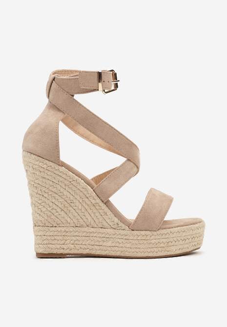 Ciemnobeżowe Sandały na Plecionym Koturnie i Platformie Tinami