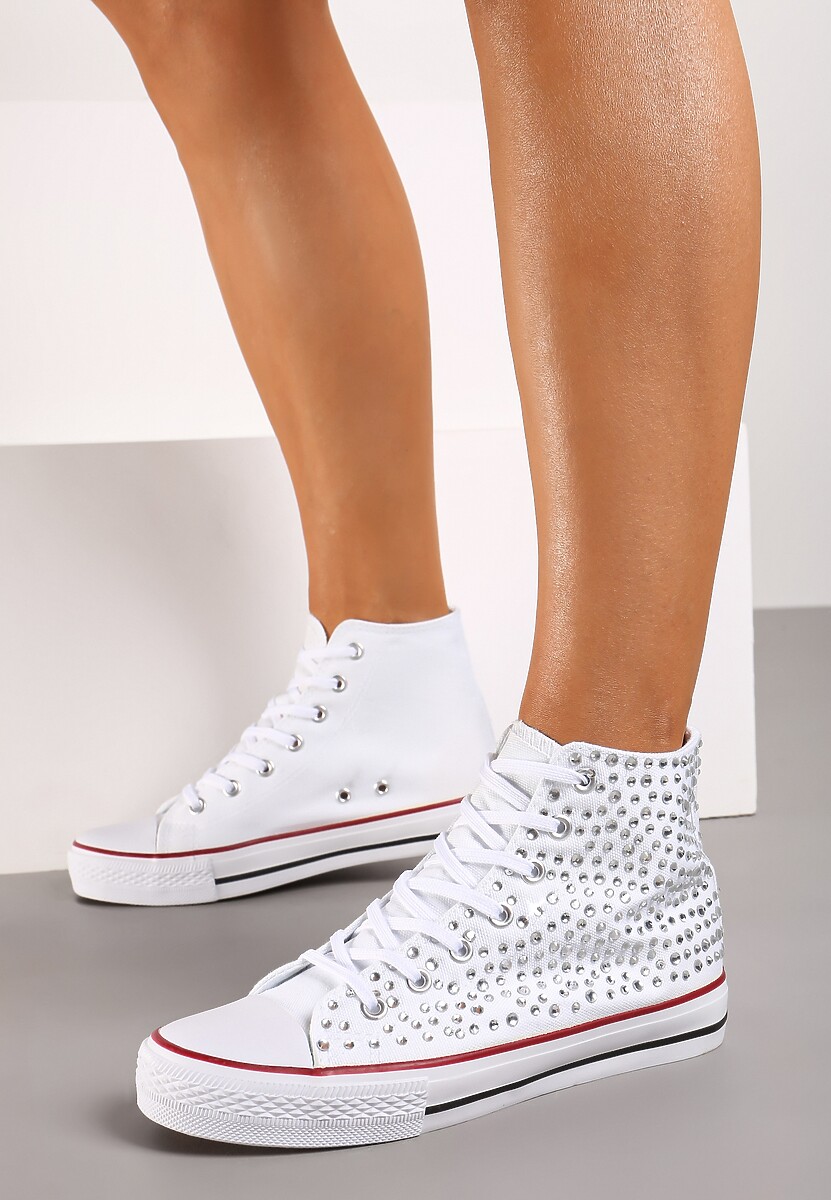 Białe Cyrkoniowe Trampki na Płaskiej Podeszwie z Wysoką Cholewką Isisea