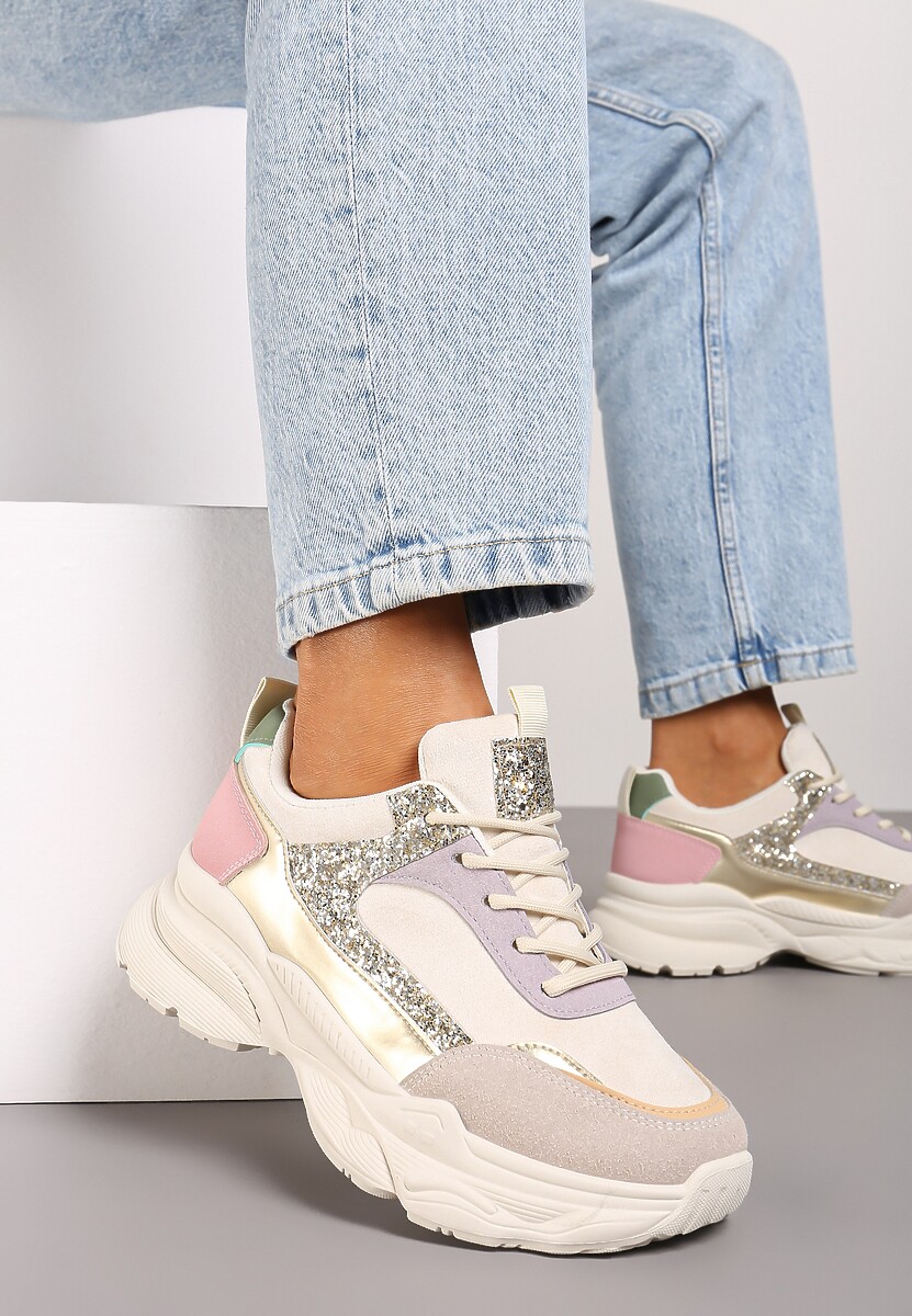 Beżowo-Różowe Sneakersy na Platformie z Tłoczeniem Ozdobione Cekinami Narisae