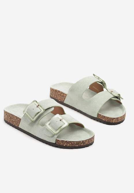 Jasnozielone Klapki na Korkowej Platformie z Klamrami Teloniel