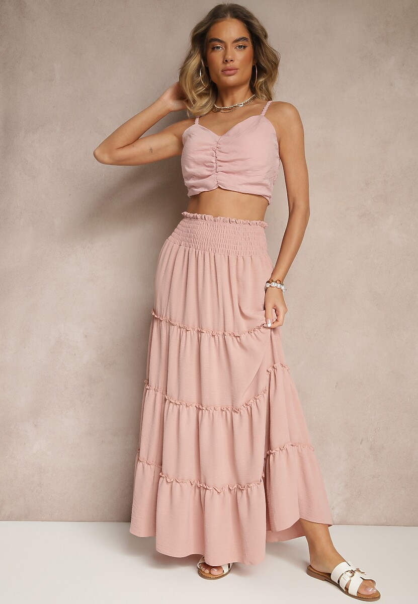 Różowa Rozkloszowana Spódnica z Gumką w Talii Zdobiona Falbanami Dovinelle