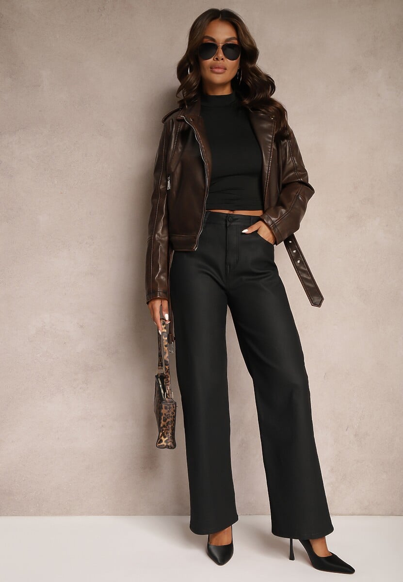 Czarne Spodnie Woskowane o Szerokim Kroju High Waist Sezila