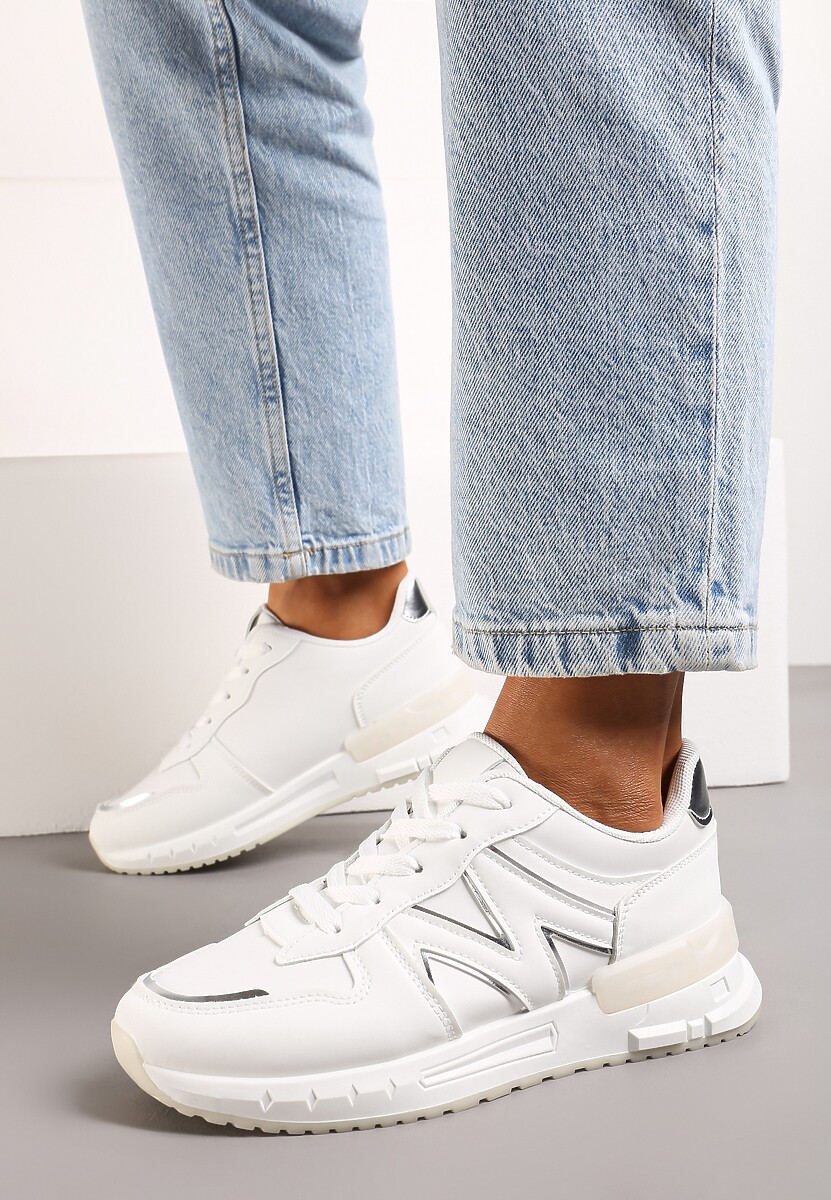 Białe Płaskie Sneakersy ze Sznurowaniem z Metalicznymi Wstawkami Remarie
