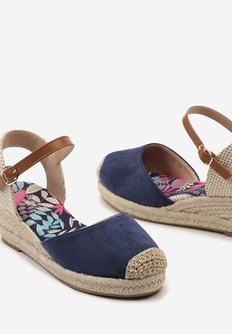 Granatowe Sandały Espadryle z Plecionką na Niewysokim Koturnie Debranella