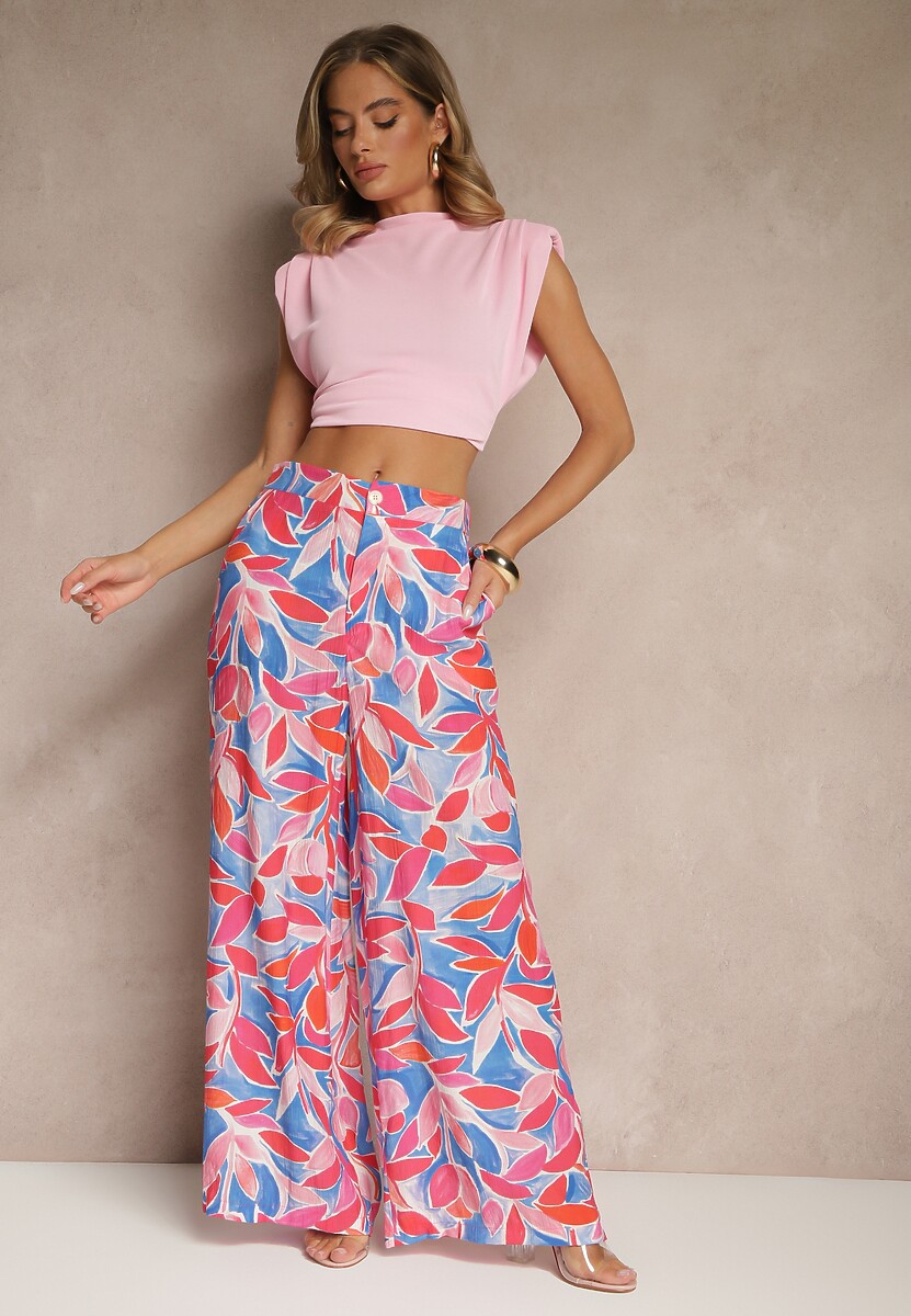 Różowe Spodnie z Wiskozy o Szerokim Kroju High Waist z Geometrycznym Motywem Ralianea