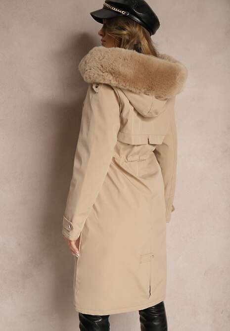 Beżowa Długa Kurtka o Fasonie Parki z Futerkiem Edelais