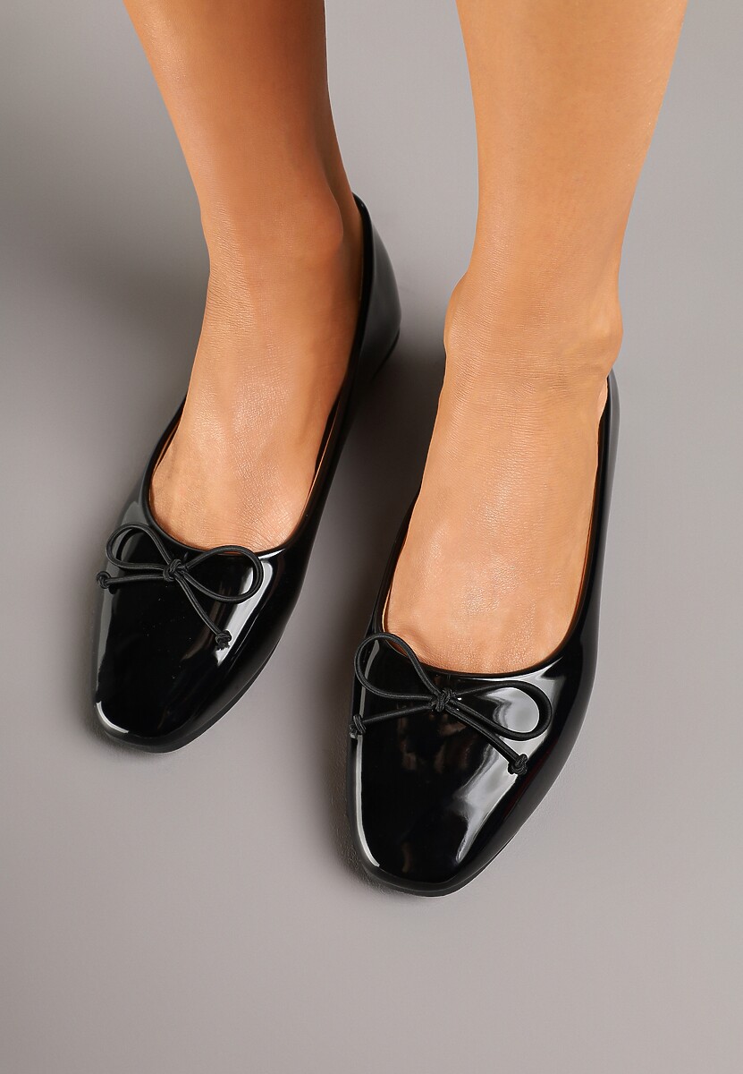 Czarne Balerinki Lakierowane z Wkładką ze Skóry Naturalnej i Kokardą Ilorisa