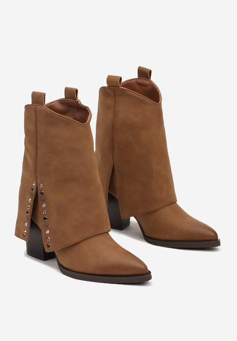 Brązowe Botki na Stożkowym Słupku Kowbojki z Wywiniętą Cholewką Mavora