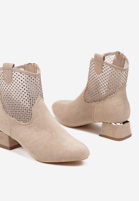 Beżowe Botki na Słupku Vices Ozdobione Siateczką na Cholewce Deovenna