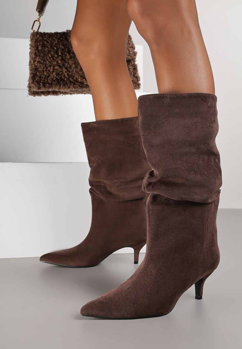 Brązowe Botki na Kaczuszce z Marszczoną Cholewką Nalorena