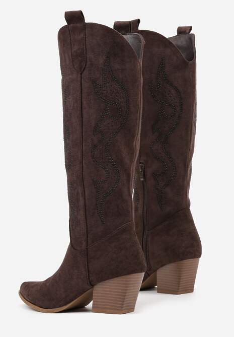 Brązowe Kozaki Kowbojki na Stożkowym Obcasie Zdobione Cyrkoniami Nalasania